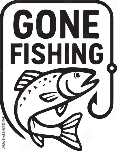 Gone fishing emblem with trout and fishing hook isolated on white background