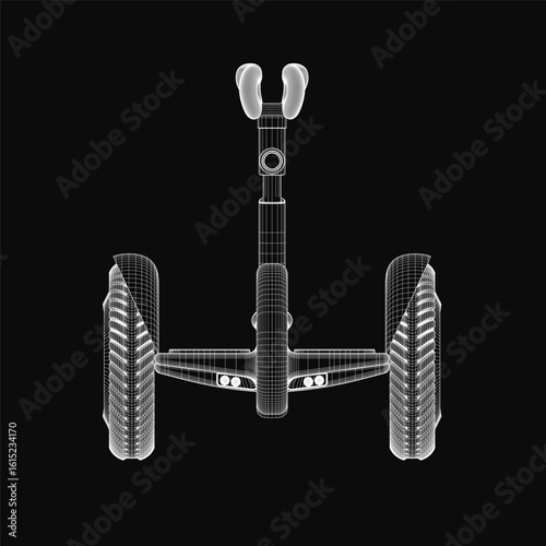 A sleek black and white hoverboard drawing features an aerodynamic design with two wheels and a top handlebar. The wireframe style highlights intricate lines and curves against a dark background.