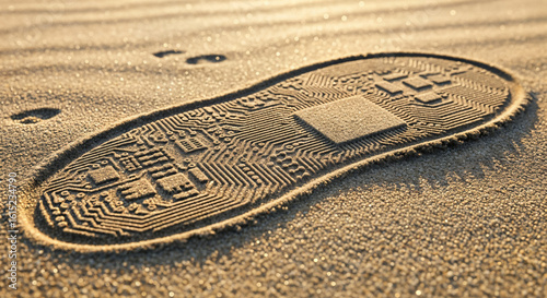 Digital footprint in sand, technology concept, circuit board shoe print, future