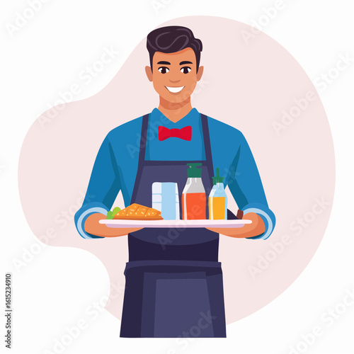 Friendly Waiter Serving Food and Condiments on a Tray
