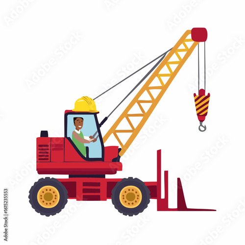 Cartoon-style red crane with yellow boom and smiling operator wearing a yellow hardhat.