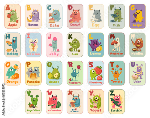 Full English alphabet with cute cartoon monsters and food, ABC flashcards for kids in colorful flat style