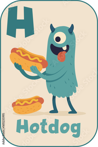 Letter H, Funny one-eyed blue monster with hotdog for kids flashcard in cartoon flat style