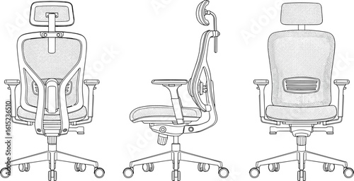 Ergonomic office chair vector CAD drawing, mesh back swivel seat illustration, technical furniture design in front side back views
