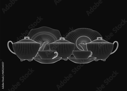 A 3D wireframe teapot and cups arranged symmetrically on a black background, with the largest teapot centered and smaller cups on each side. The white lines contrast sharply against the dark backdrop.