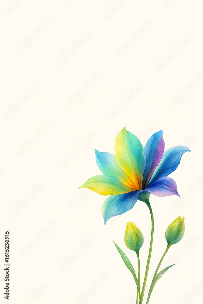 Naklejka premium Elegant rainbow flower with buds on light background, watercolor style digital illustration