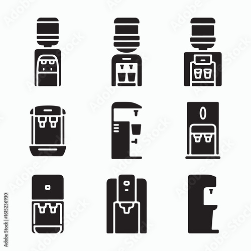 Modern Water Dispenser Icon Set in Solid Style for Home and Office Design
