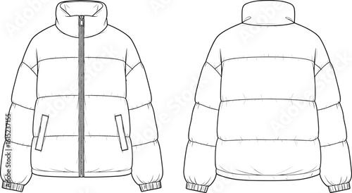 Flat CAD vector drawing of puffer jacket, winter outerwear design, front and back view, fashion technical sketch, insulated coat illustration