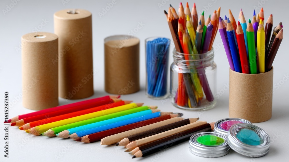 Obraz premium Colorful pencils brushes and art supplies on desk for school creativity craft and education background