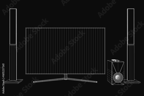A black and white wireframe drawing of a home theater system featuring a monitor, speakers, and a speaker box on a dark background. The clean lines and minimalist design highlight the technical.