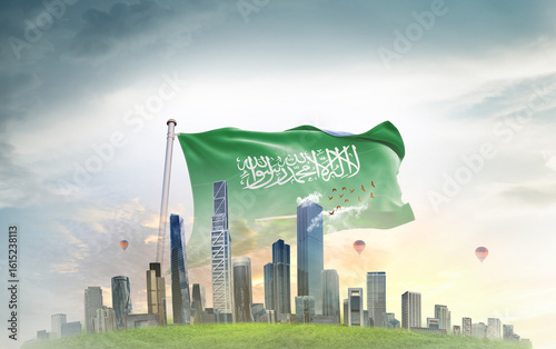 Saudi Arabia national flag wavering with modern building skyline. Country showing stronger and prosperity. Flag key visual. Saudi Arabian national flag for independence day.