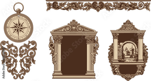 Elegant vintage illustrations featuring a compass, architectural elements, and decorative flourishes.