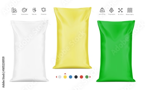 Woven sack bag mockup with icons set for chemical products and etc. High realistic. Vector illustration isolated on white background. Ready for use in presentation, promo, advertising. EPS10.