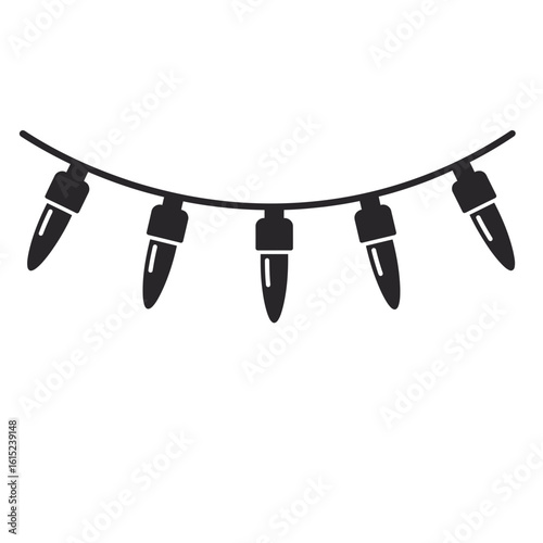 String of christmas lights hanging in black and white silhouette
