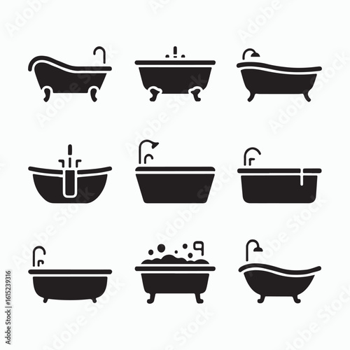 Modern Bath Tub Icon Set in Solid Style for Bathroom and Spa Design
