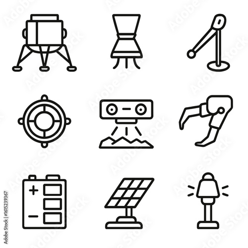 Space Robotics Icons. Outline style icons of Space and robotics: surface hopper lander body, gas thruster nozzle, landing foot pad