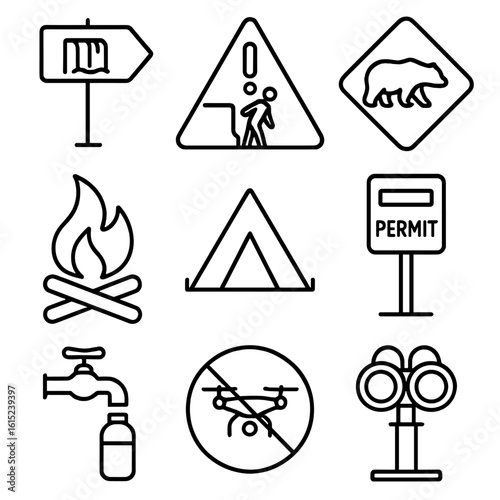 Public Signage Icons. Outline style icons of Public signage: waterfall trail arrow, cliff edge warning, wildlife crossing bear,