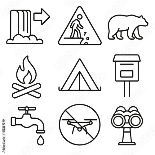 Public Signage Icons. Outline style icons of Public signage: waterfall trail arrow, cliff edge warning, wildlife crossing bear,
