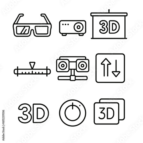 3D Cinema Icons. Line style icons of 3D Cinema Technology: polarized glasses, 3D projector, silver screen, depth slider, dual