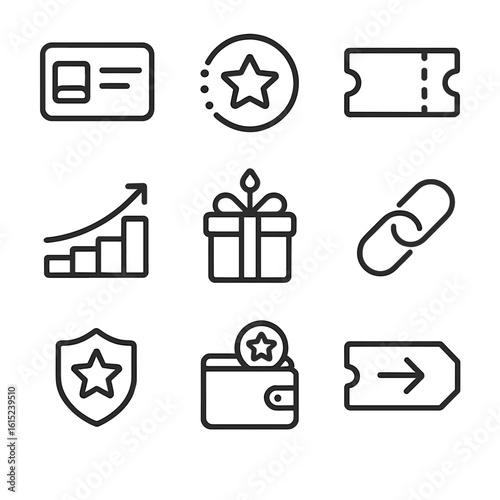 Loyalty Program Icons. Line style icons of Loyalty Program Icons: membership card, rewards points star, coupon ticket, tier ladder