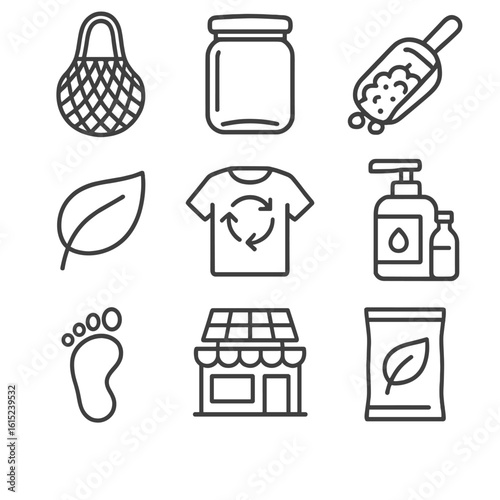Sustainable Shopping Icons. Line style icons of Sustainable Shopping: reusable mesh bag, glass jar, bulk bin scoop, eco label leaf