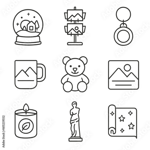 Gift Shop Icons. Line style icons of Gift Shop Goods: snow globe, postcard rack, keychain, souvenir mug, plush toy, magnet,