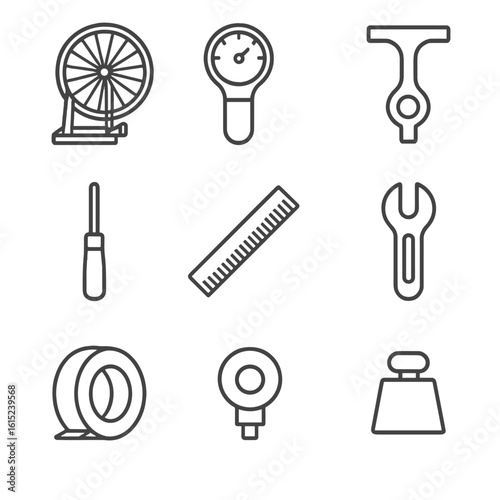 Wheel Truing Tools Icons. Line style icons of Wheel Truing Setup: truing stand, tension meter, dishing gauge, nipple driver, spoke