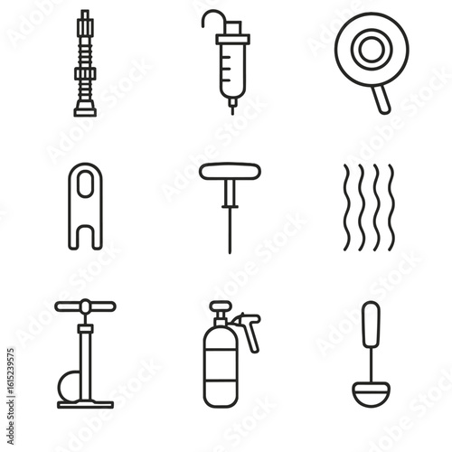 Tubeless Tire Tool Icons. Line style icons of Tubeless Tire Setup Tools: tubeless valve core, sealant injector, rim tape roller,