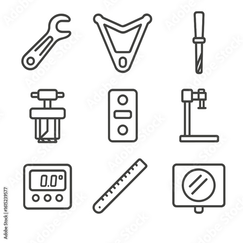 Bike Frame Tools Icons. Line style icons of Frame Alignment and Gauges: dropout alignment tool, rear triangle gauge, head tube