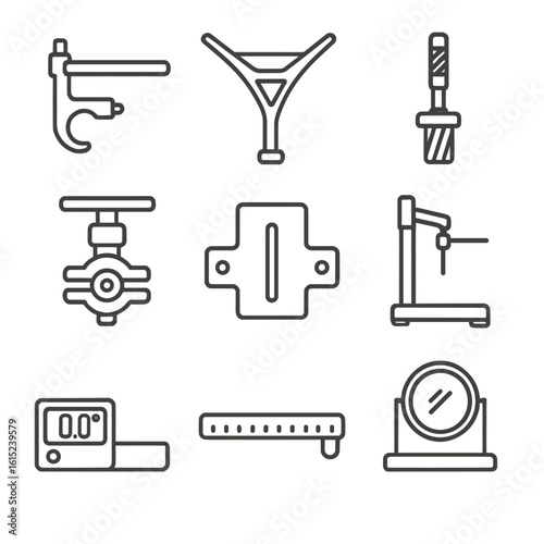 Bike Frame Tools Icons. Line style icons of Frame Alignment and Gauges: dropout alignment tool, rear triangle gauge, head tube