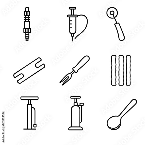 Tubeless Tire Tool Icons. Line style icons of Tubeless Tire Setup Tools: tubeless valve core, sealant injector, rim tape roller,