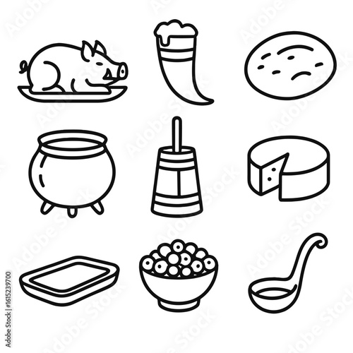 Viking Feast Icons. Line style icons of Viking Feast and Cuisine: roast boar, honey mead horn, bread flatcake, iron cauldron,