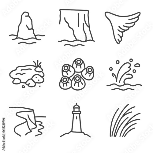 Coastal Nature Icons. Line style icons of Coastal Cliff Environment: sea stack, cliff face, seabird wing, tide pool, barnacle