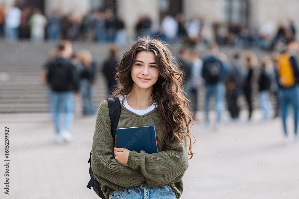 Fototapeta premium Female student, smiles and stands near university entrance. Woman portrait banner with copy space. Learning on campus