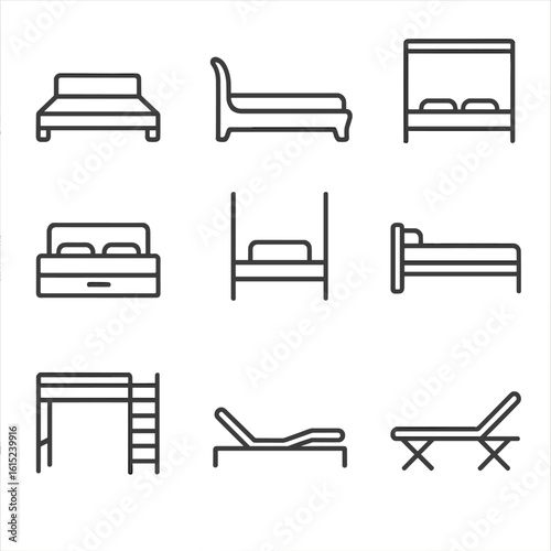 Assorted Bed Frame Icons. Line vector icons of Bed Frame Designs: platform bed, sleigh bed, canopy bed, storage drawer bed,