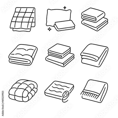 Seasonal Bedding Icons. Line vector icons of Seasonal Bedding Swaps: lightweight summer quilt, cooling pillow insert, linen sheet