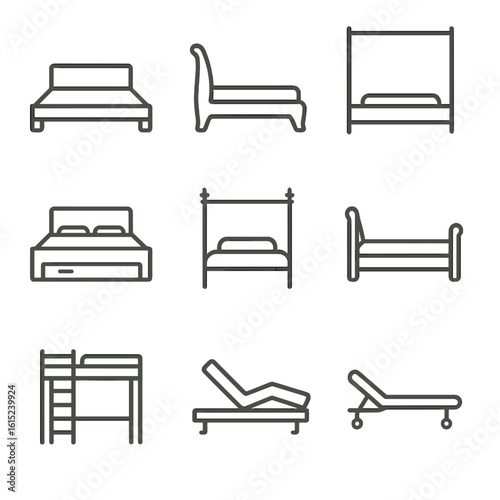 Assorted Bed Frame Icons. Line vector icons of Bed Frame Designs: platform bed, sleigh bed, canopy bed, storage drawer bed,