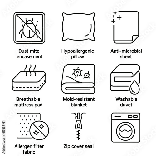 Allergy-Proof Bedding Icons. Line vector icons of Allergy-Proof Bedding: dust-mite encasement, hypoallergenic pillow,