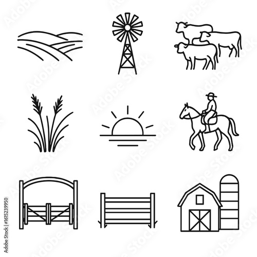 Pampas Landscape Icons. Line style icons of Pampas Landscape Symbols: rolling grass plain, windmill tower, cattle herd, wild