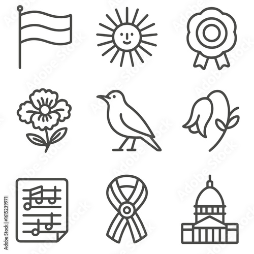 Argentine National Icons. Line style icons of National Symbols: sky-blue flag, Sun of May, cockade ribbon, jacaranda blossom,