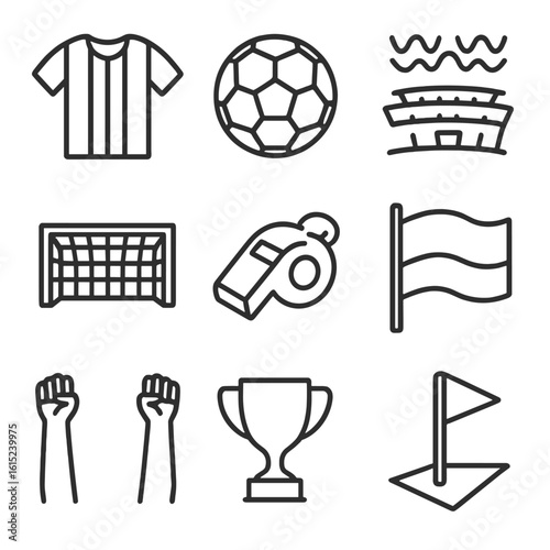 Argentine Football Icons. Line style icons of Argentine Football Passion: striped jersey, soccer ball, stadium wave, goal net,
