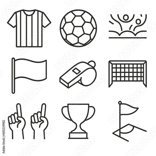 Argentine Football Icons. Line style icons of Argentine Football Passion: striped jersey, soccer ball, stadium wave, goal net,