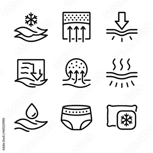 Cooling Sleep Icons. Line style icons of Cooling Sleep Tech: phase-change fabric, ventilated mesh panel, moisture-wick arrow,