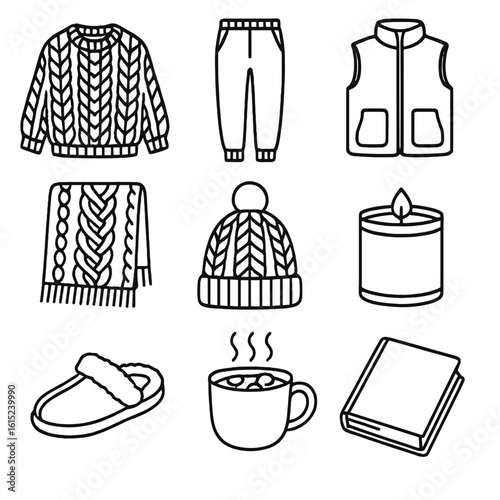 Hygge Loungewear Icons. Line style icons of Hygge Loungewear: chunky knit sweater, fleece jogger, sherpa vest, cable blanket scarf
