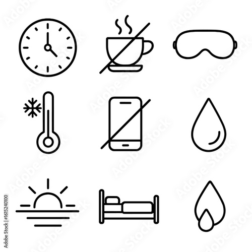 Sleep Hygiene Icons. Line style icons of Sleep Hygiene Habits: consistent bedtime clock, caffeine cup crossed, dark room mask,