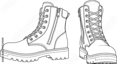 Flat vector illustration of rugged lace-up combat boots with zipper, side view technical cad drawing for fashion footwear design