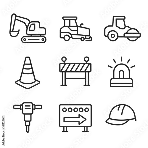 Road Construction Icons. Line style icons of Road Construction Gear: excavator, asphalt paver, road roller, traffic cone,