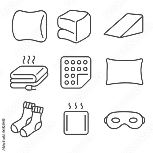 Comfort Accessories Icons. Line style icons of Comfort Accessories: lumbar support pillow, knee alignment pillow, adjustable bed