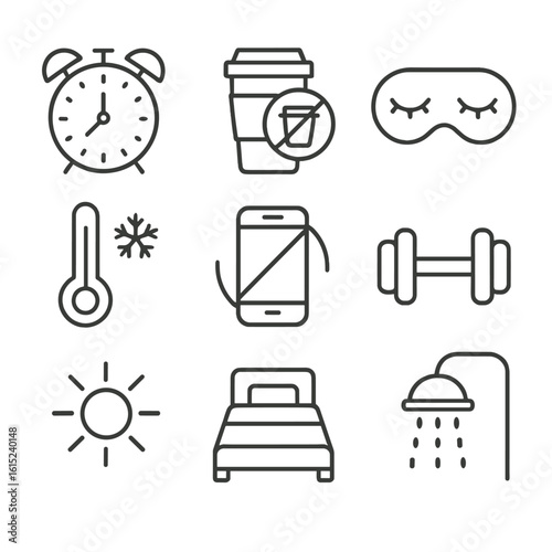Sleep Hygiene Icons. Line style icons of Sleep Hygiene Habits: consistent bedtime clock, caffeine cup crossed, dark room mask,