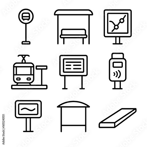 Public Transport Icons. Line style icons of Public Transport Stops: bus stop pole, shelter bench, route map panel, tram stop